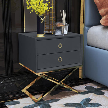 19.7" Modern Black Nightstand with 2 Drawers X-Shaped Pedestal